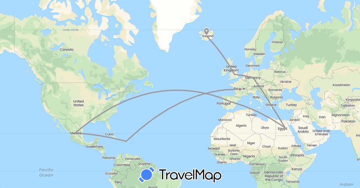 TravelMap itinerary: plane in Germany, Dominican Republic, Egypt, Spain, France, United Kingdom, Greece, Iceland, Mexico (Africa, Europe, North America)